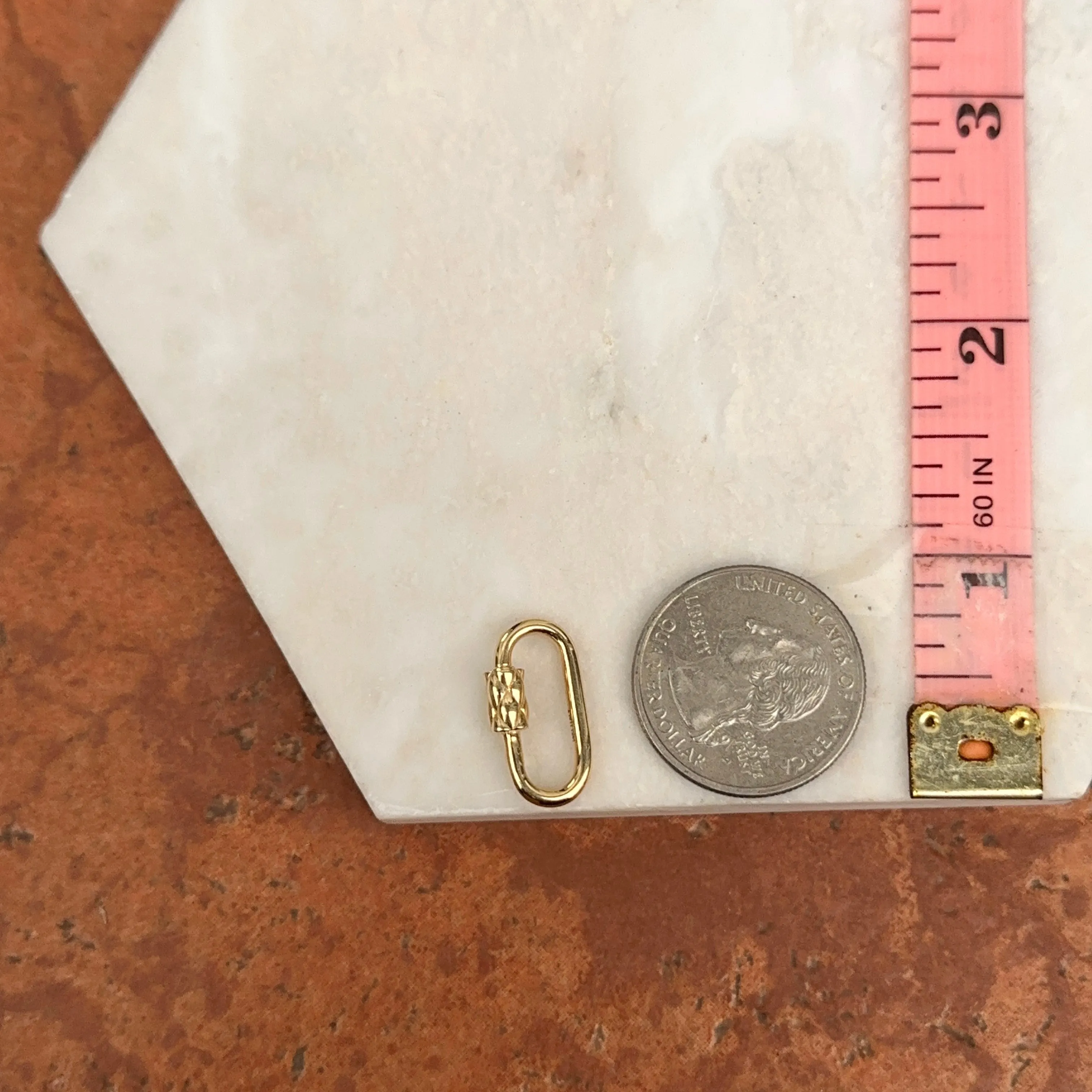 14KT Yellow Gold Quilted Rectangle Carabiner Clasp Pendant Holder