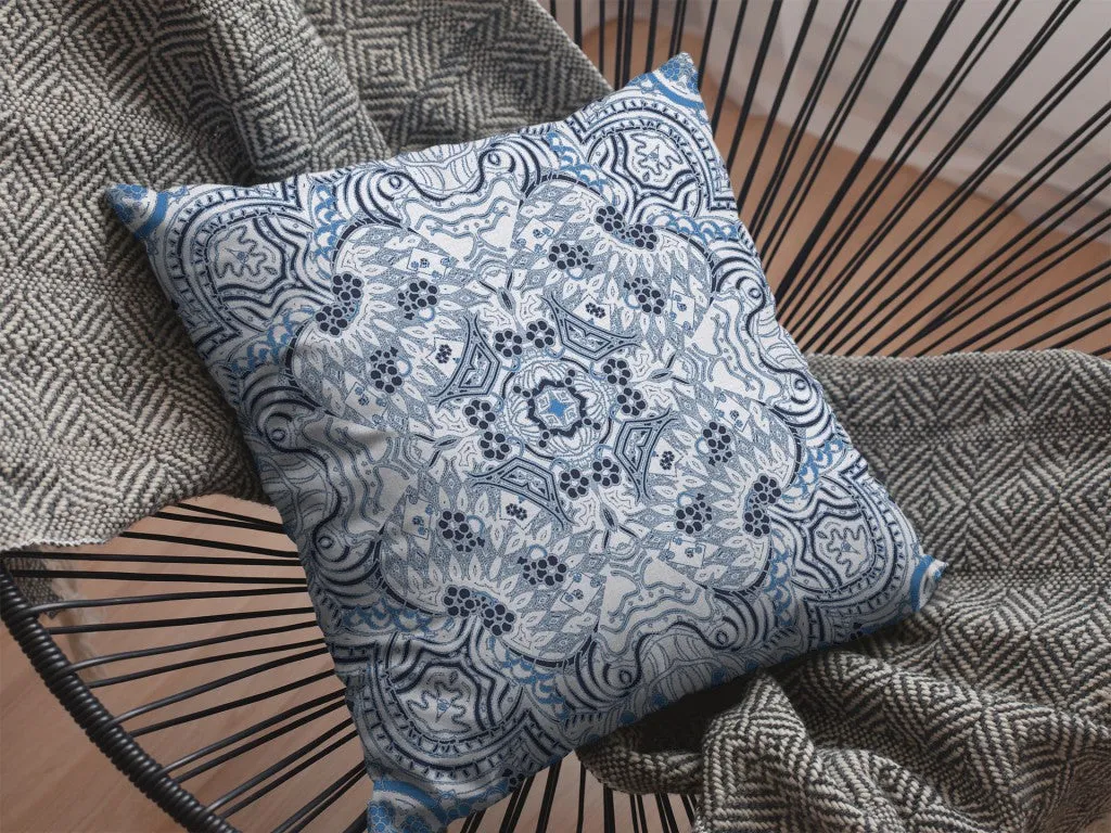 20” Light Blue Boho Ornate Indoor Outdoor Throw Pillow