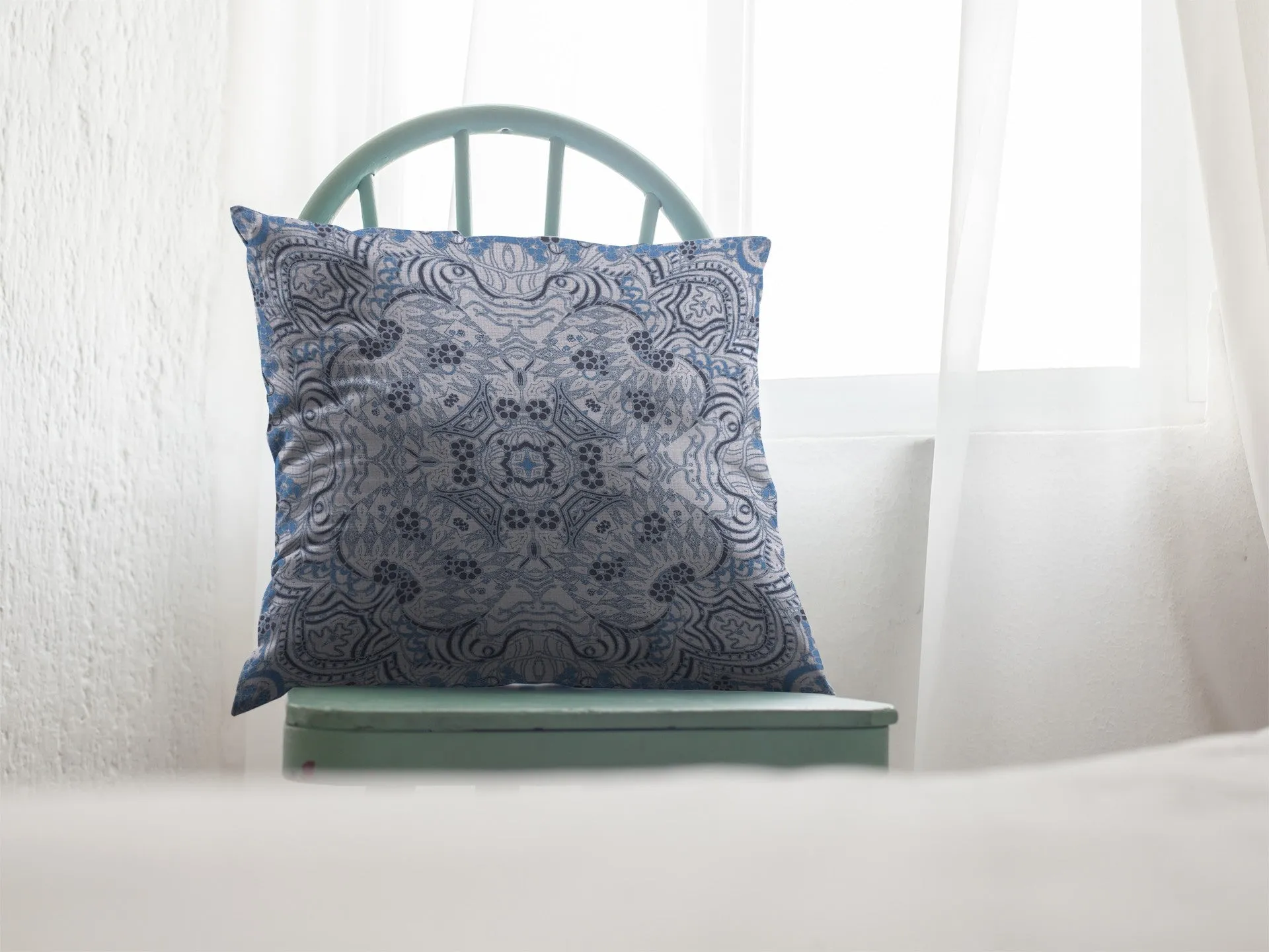 20” Light Blue Boho Ornate Indoor Outdoor Throw Pillow