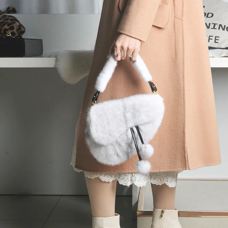 2022 New Lady Real Mink Fur Handbags Fashion Fur Shoulder Bags Saddle Bag Luxury Crossbody Bags 8821