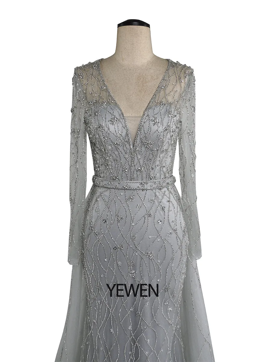 2024 Luxury Crystals Beading Mermaid Evening Gown with Detachable Train YEWEN