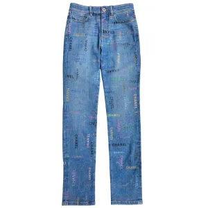 22P Blue & Multicolour CHANEL Printed  Stretch Denim Jeans Sz 34
