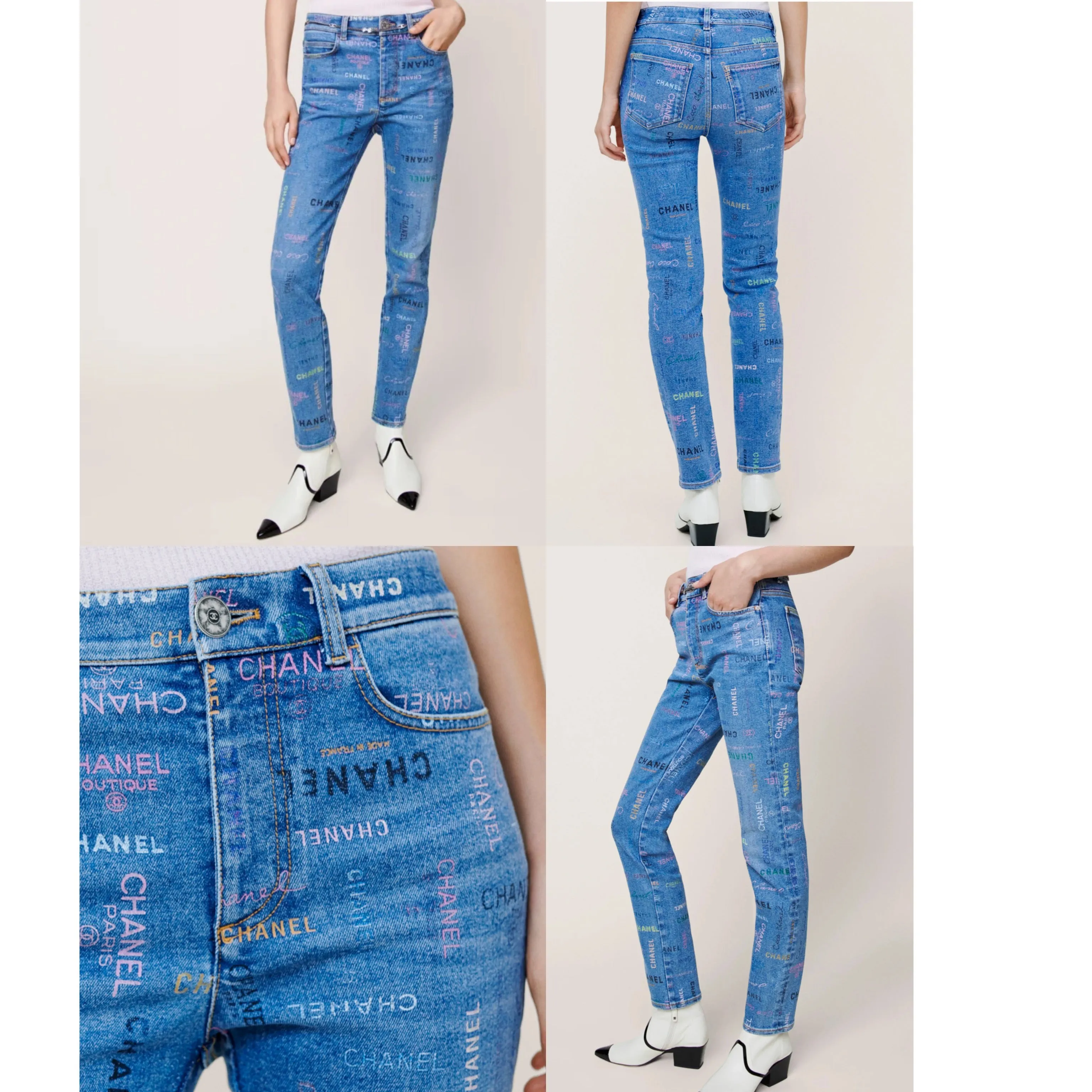 22P Blue & Multicolour CHANEL Printed  Stretch Denim Jeans Sz 34
