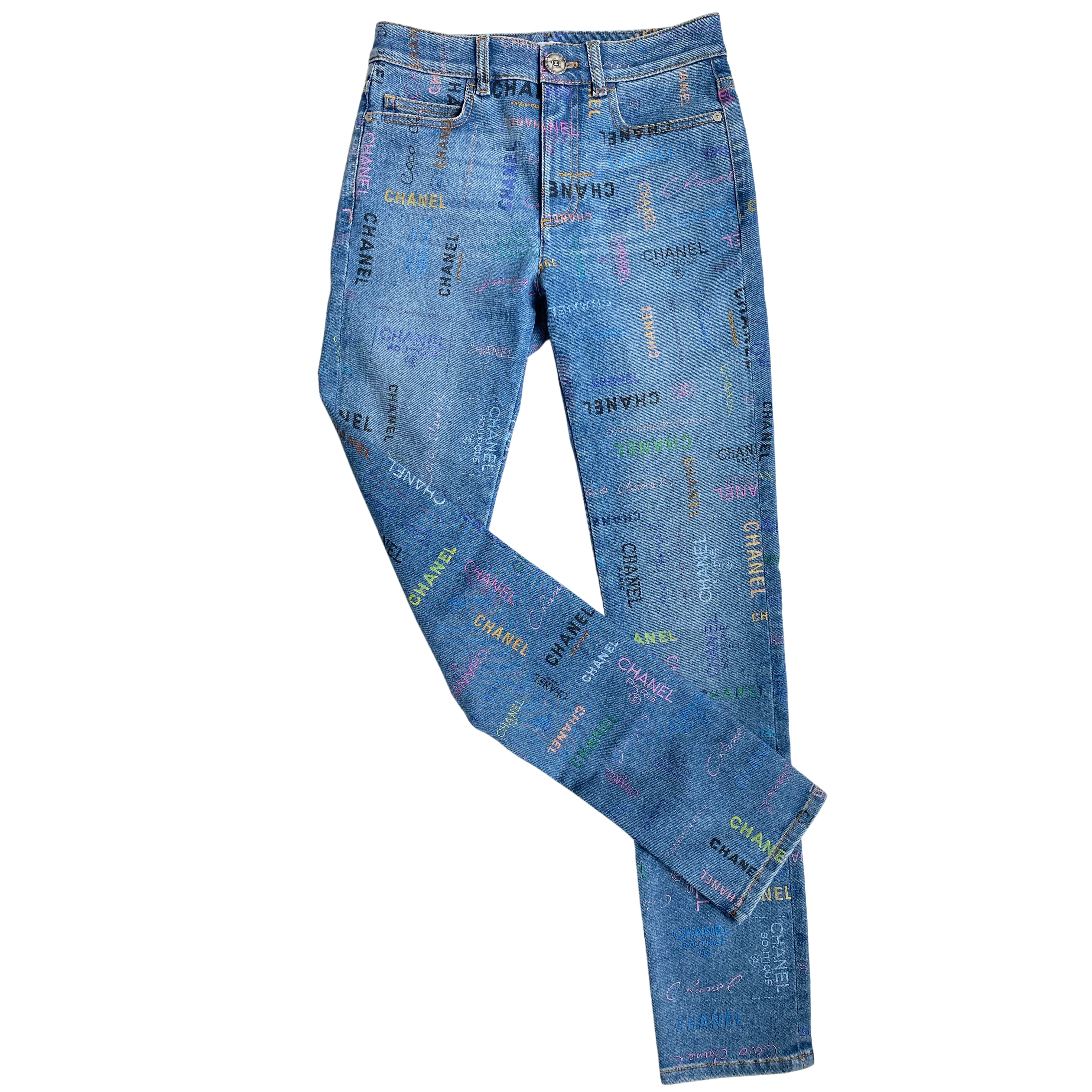 22P Blue & Multicolour CHANEL Printed  Stretch Denim Jeans Sz 34