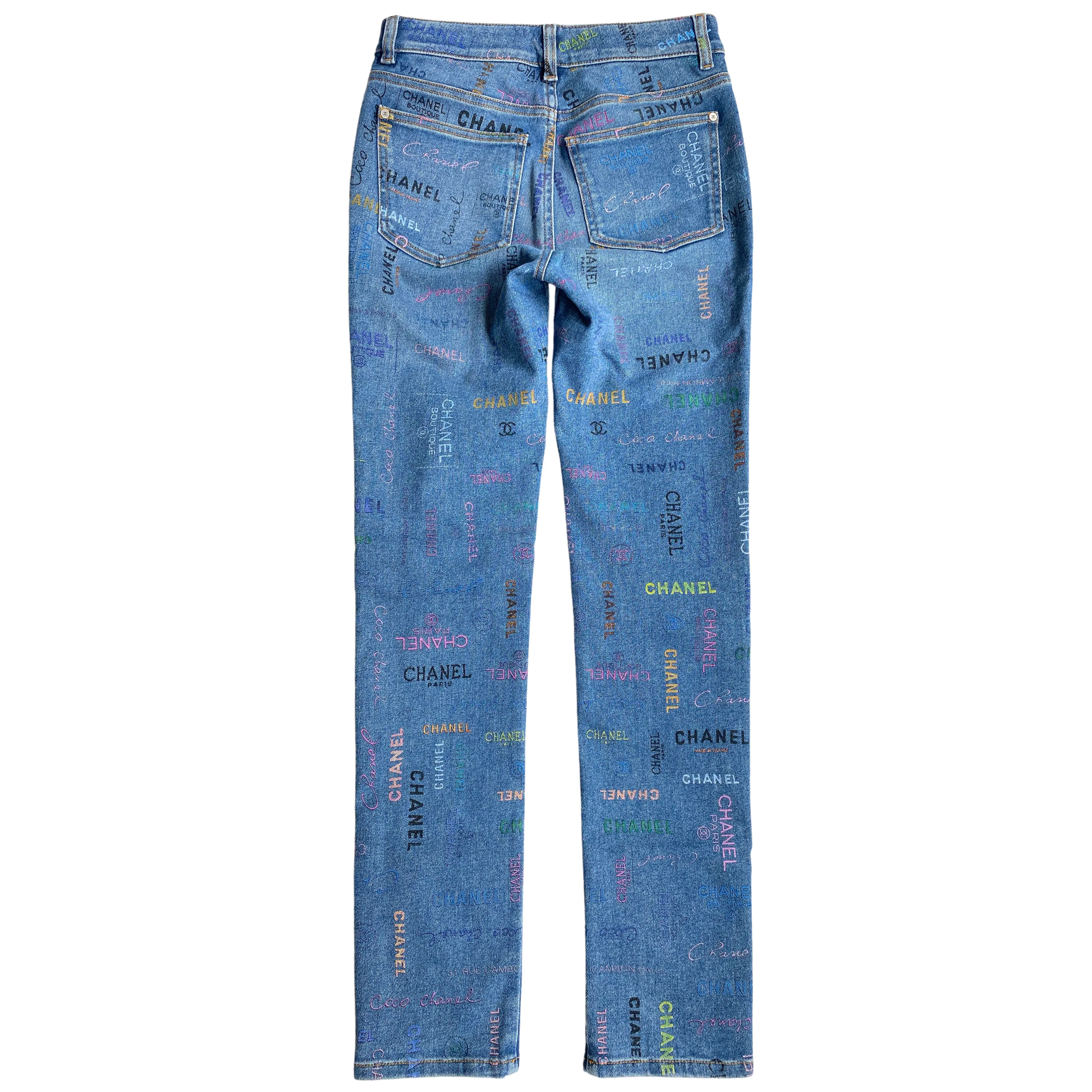 22P Blue & Multicolour CHANEL Printed  Stretch Denim Jeans Sz 34