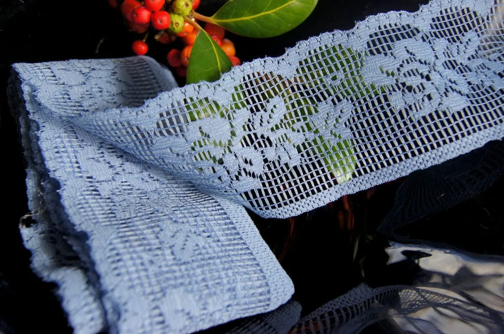 2¼" Floral Scalloped Lace Trim - Dusty Blue