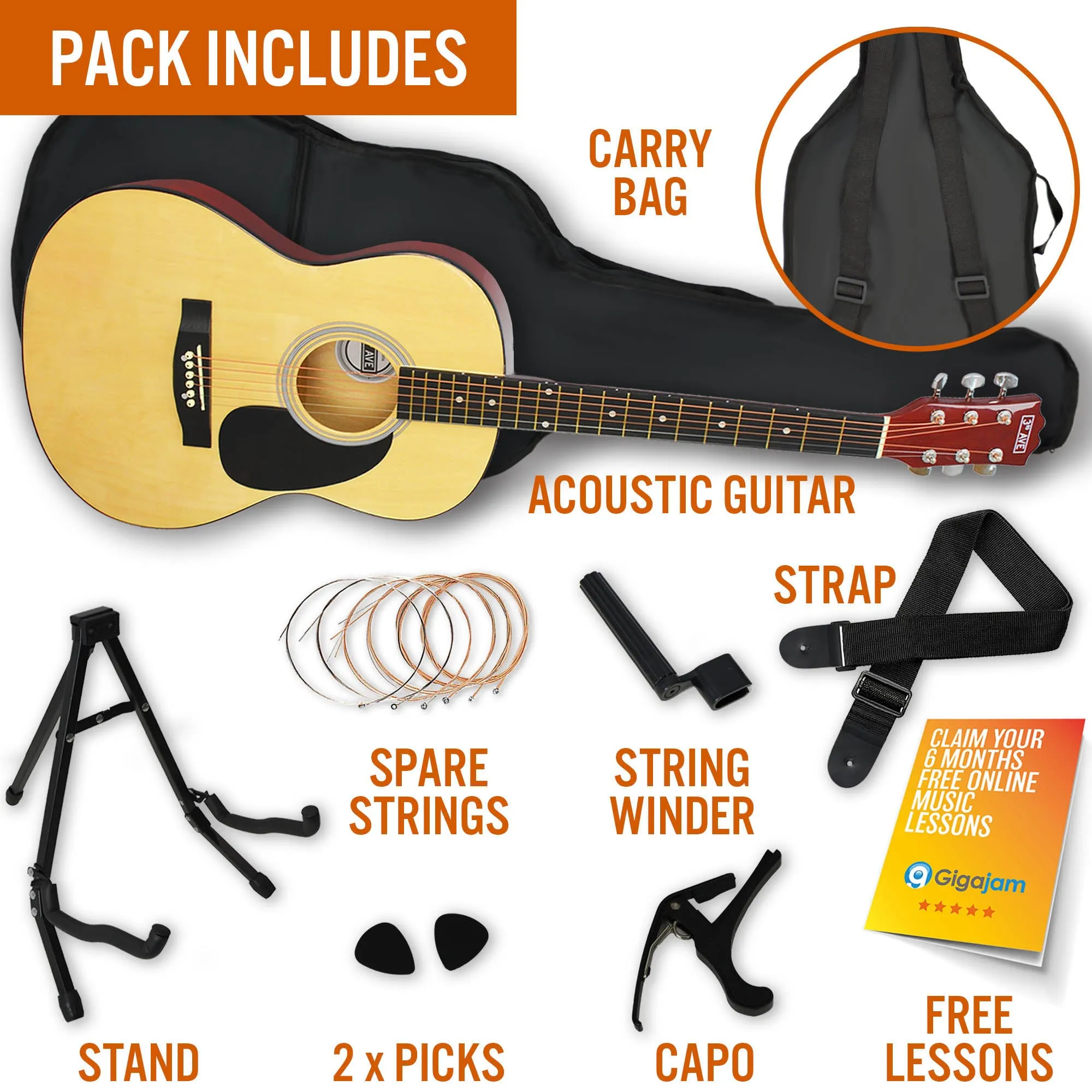 3rd Avenue Full Size Acoustic Guitar Premium Pack