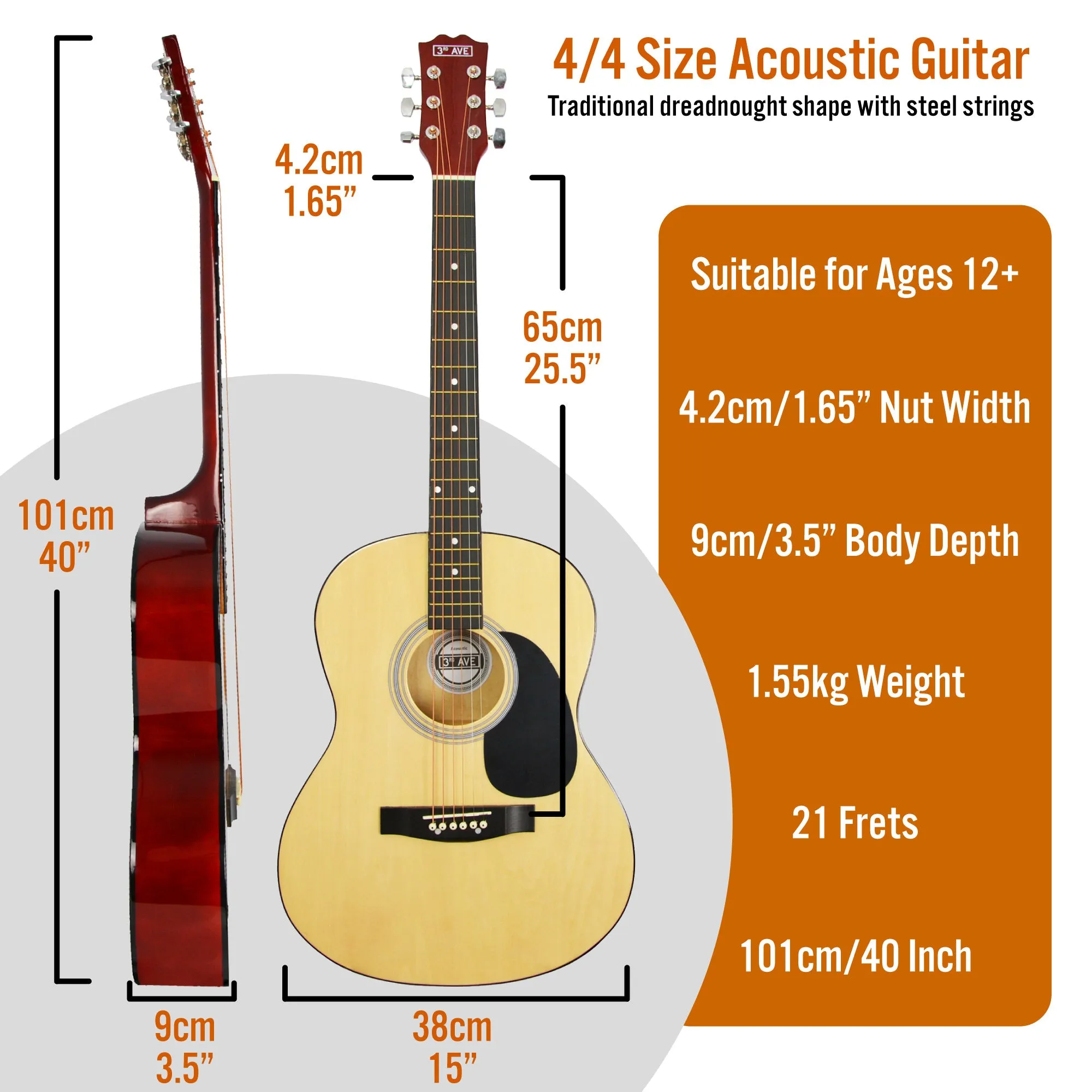 3rd Avenue Full Size Acoustic Guitar Premium Pack