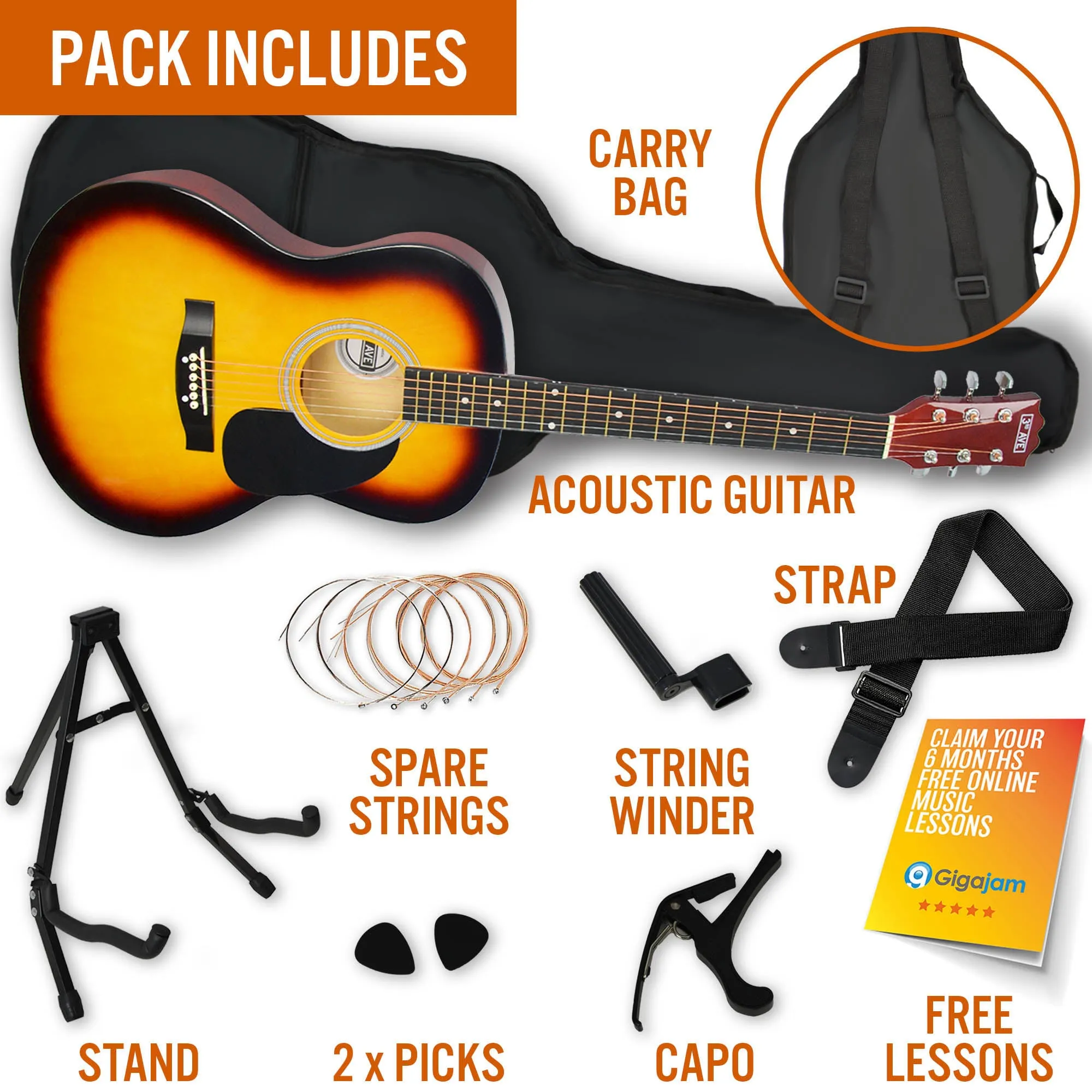 3rd Avenue Full Size Acoustic Guitar Premium Pack