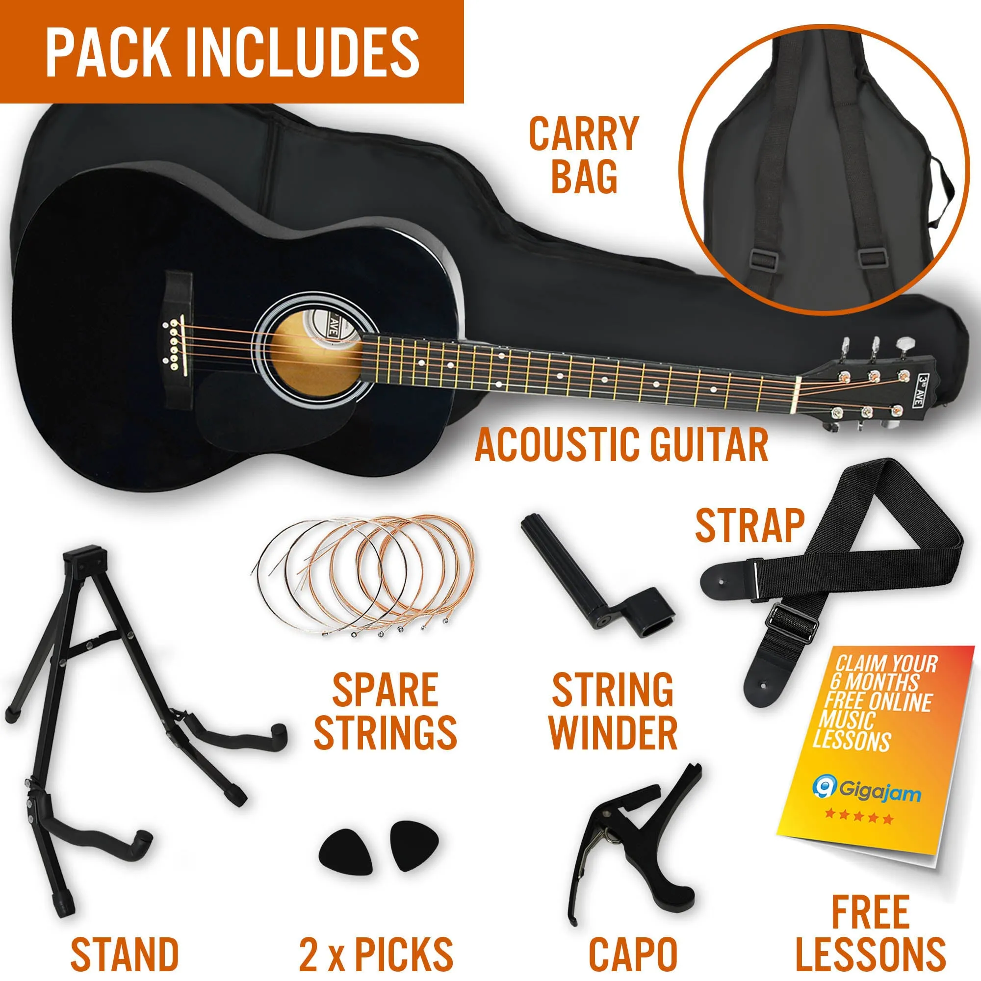 3rd Avenue Full Size Acoustic Guitar Premium Pack