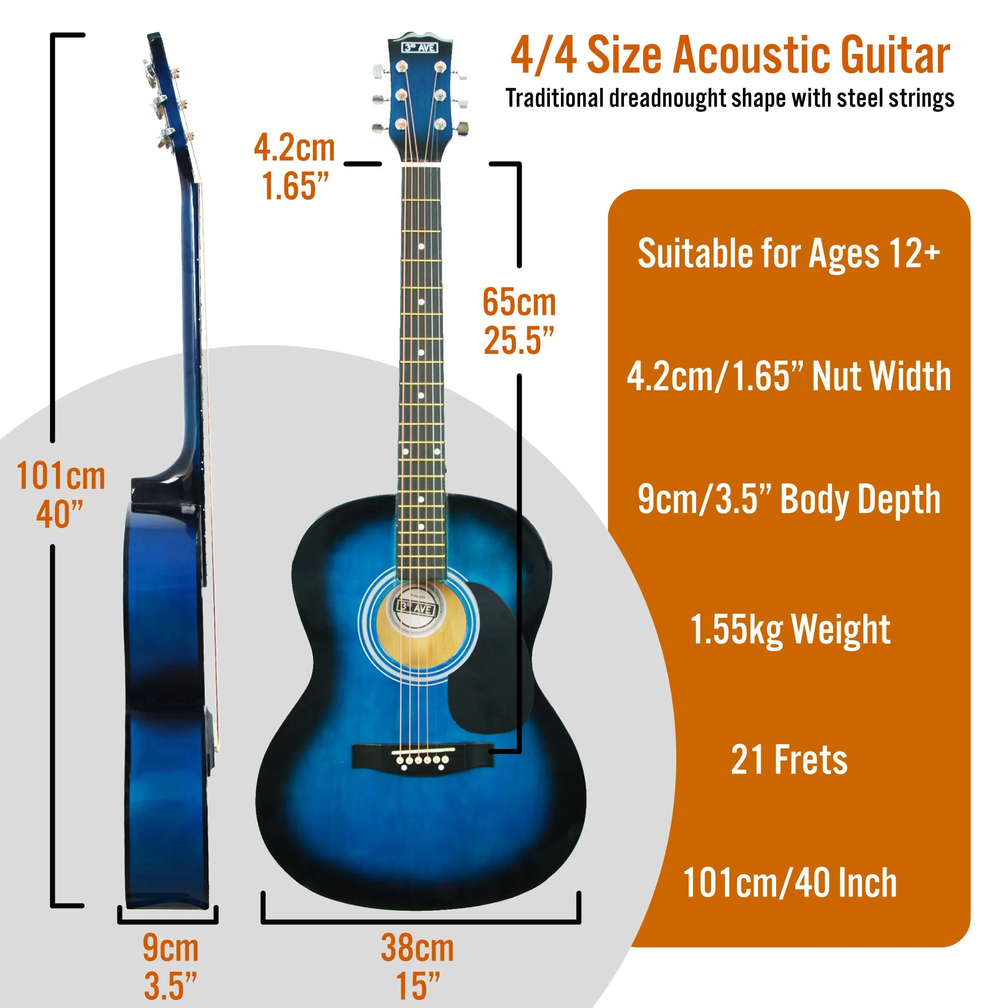 3rd Avenue Full Size Acoustic Guitar Premium Pack