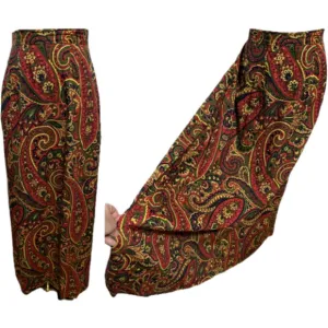 60s COTTON PAISLEY BOHO MAXI SKIRT W GUSSET PLEATED SIDES &amp; BACK EUC SZ XS