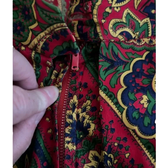 60s COTTON PAISLEY BOHO MAXI SKIRT W GUSSET PLEATED SIDES &amp; BACK EUC SZ XS