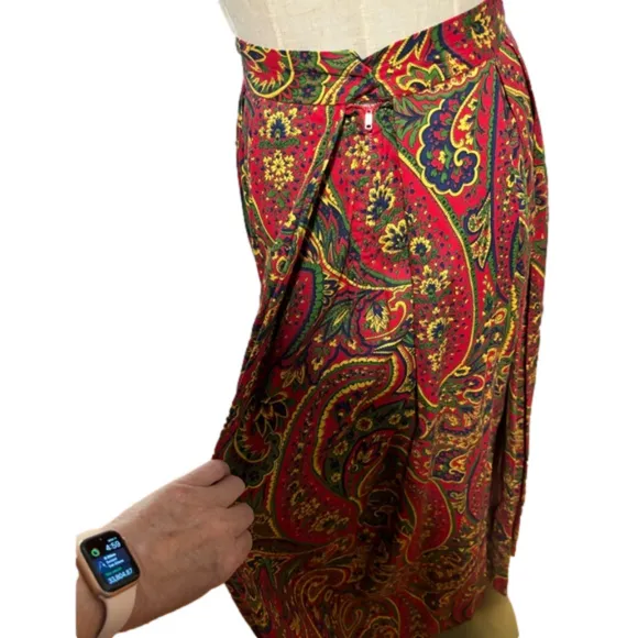 60s COTTON PAISLEY BOHO MAXI SKIRT W GUSSET PLEATED SIDES &amp; BACK EUC SZ XS
