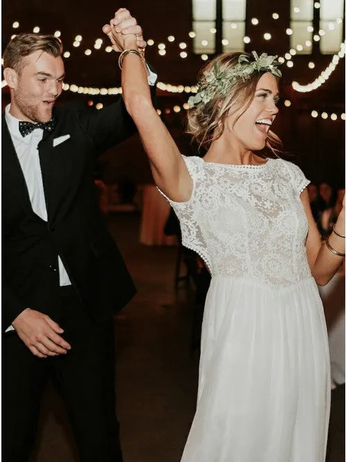 A-line Bateau Cap Sleeves Open Back Bohemian Wedding Dress with Lace OKR21