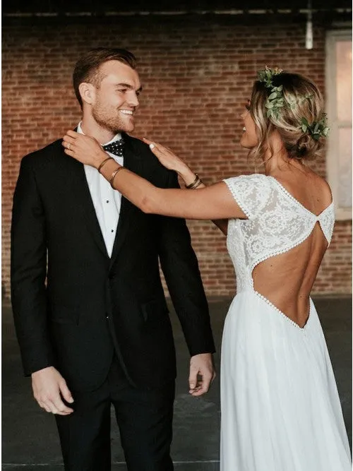 A-line Bateau Cap Sleeves Open Back Bohemian Wedding Dress with Lace OKR21