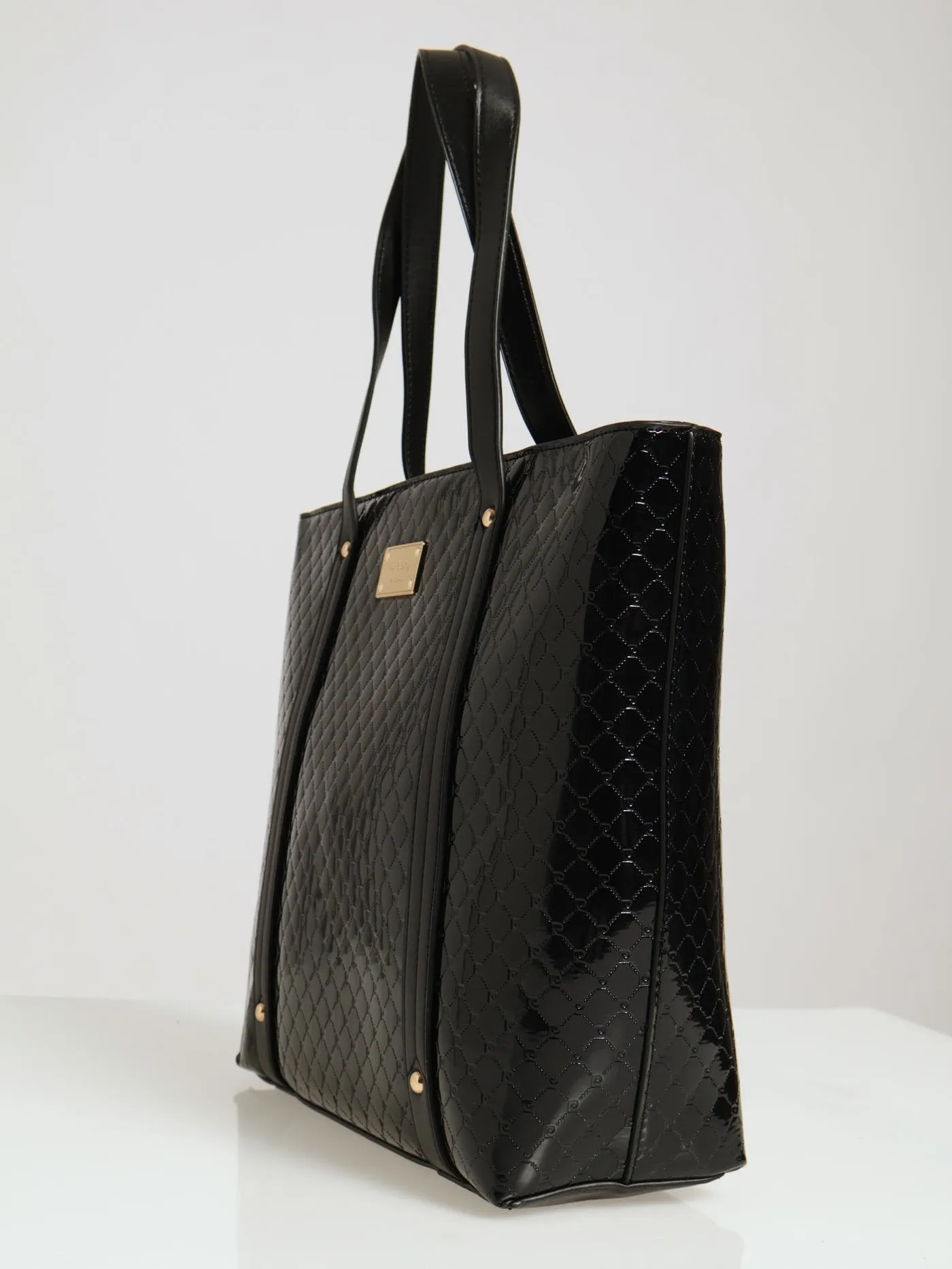 Alexa Embossed Logo Patent Tote Bag - Black