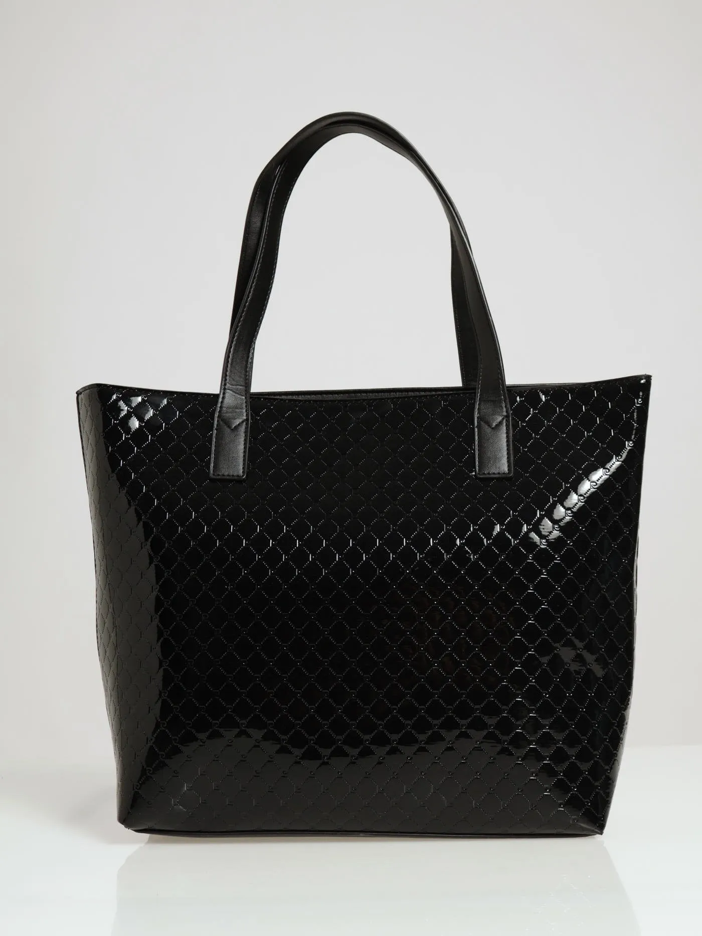 Alexa Embossed Logo Patent Tote Bag - Black