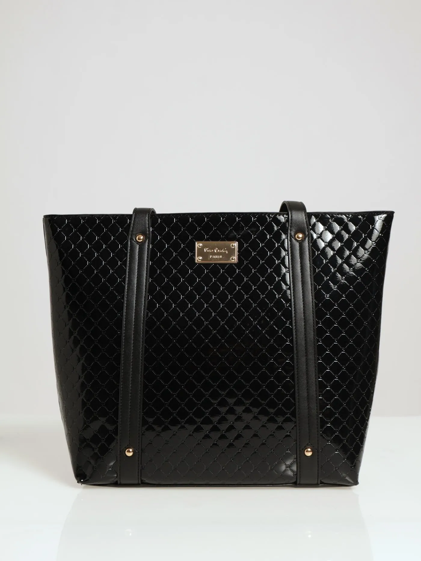 Alexa Embossed Logo Patent Tote Bag - Black