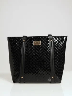 Alexa Embossed Logo Patent Tote Bag - Black