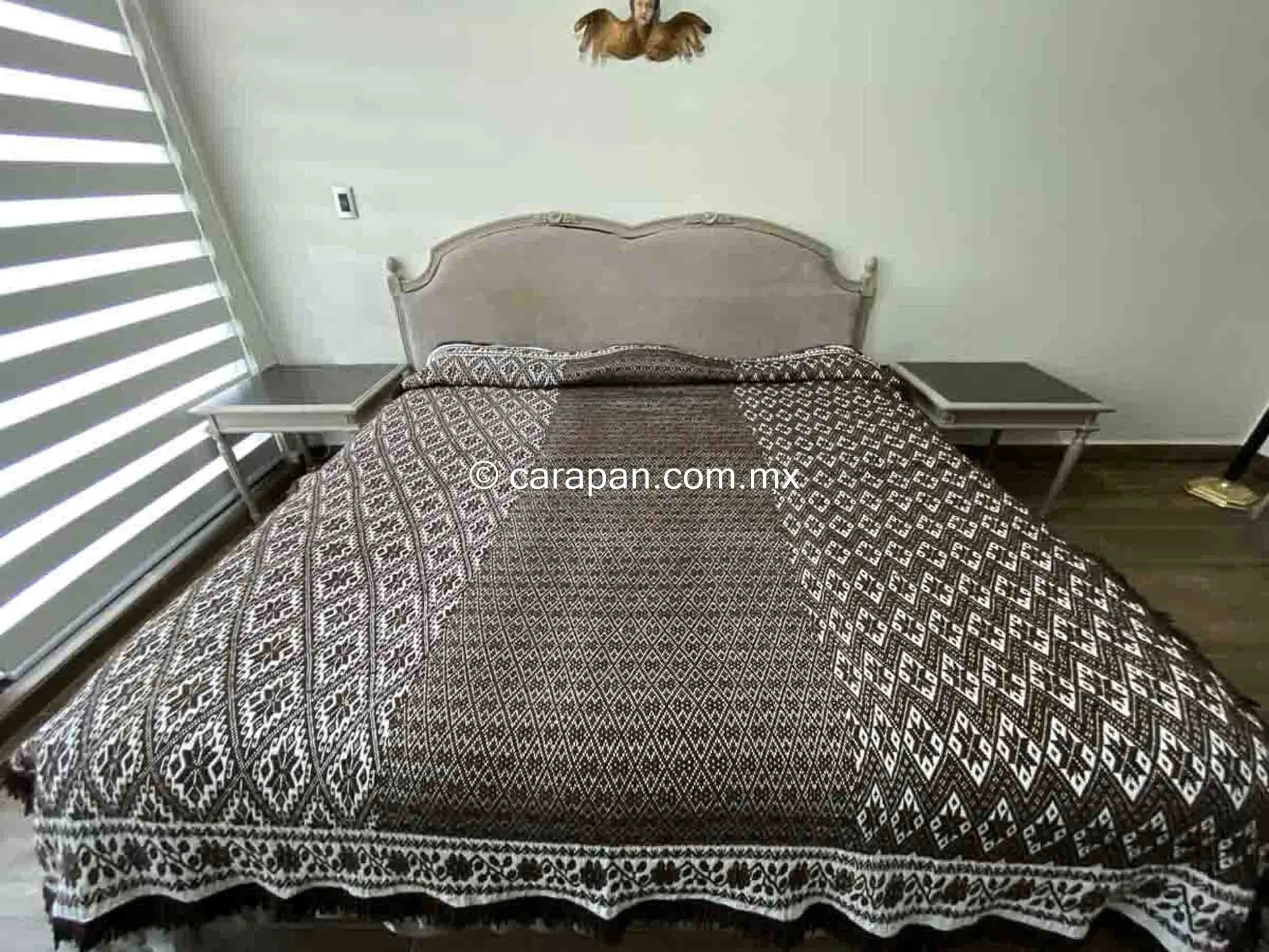 Amazing Mexican Indigenous Blanket Brocade Brown & White Cotton & Wool