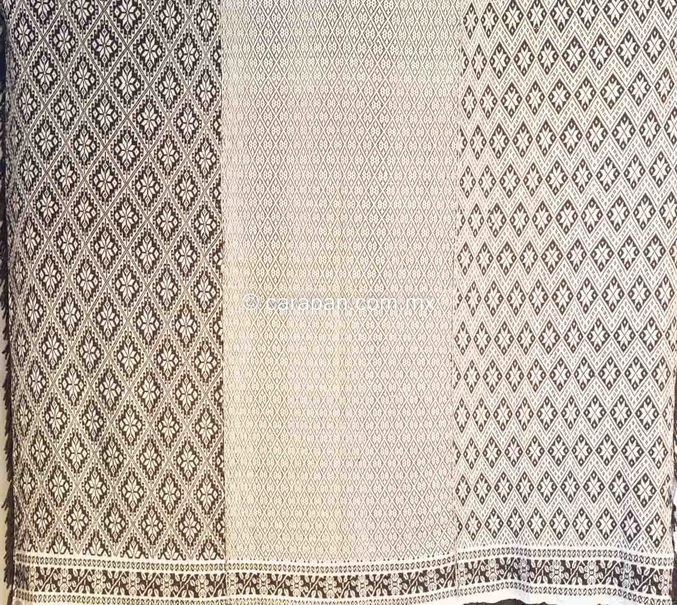 Amazing Mexican Indigenous Blanket Brocade Brown & White Cotton & Wool