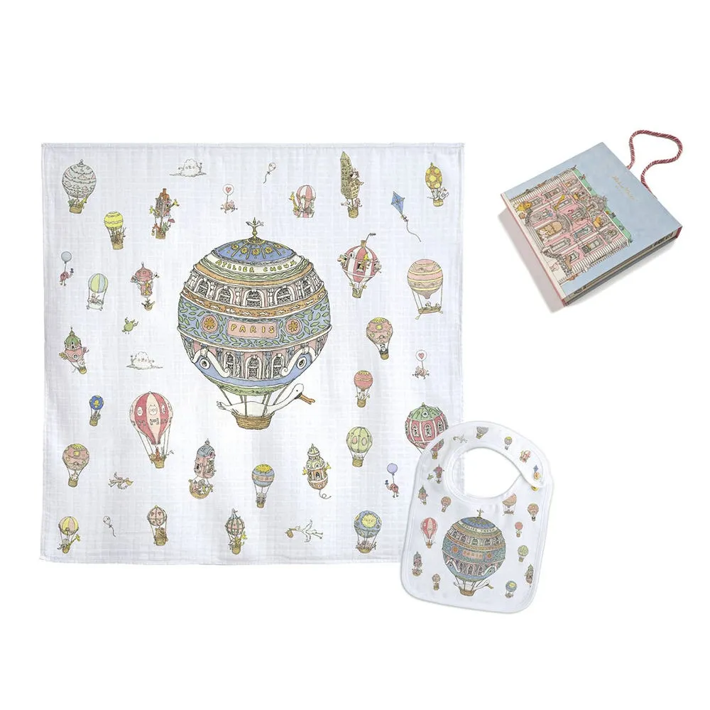 Atelier Choux Paris Organic Cotton Carrés & Bib Gift Set, Hot Air Balloons