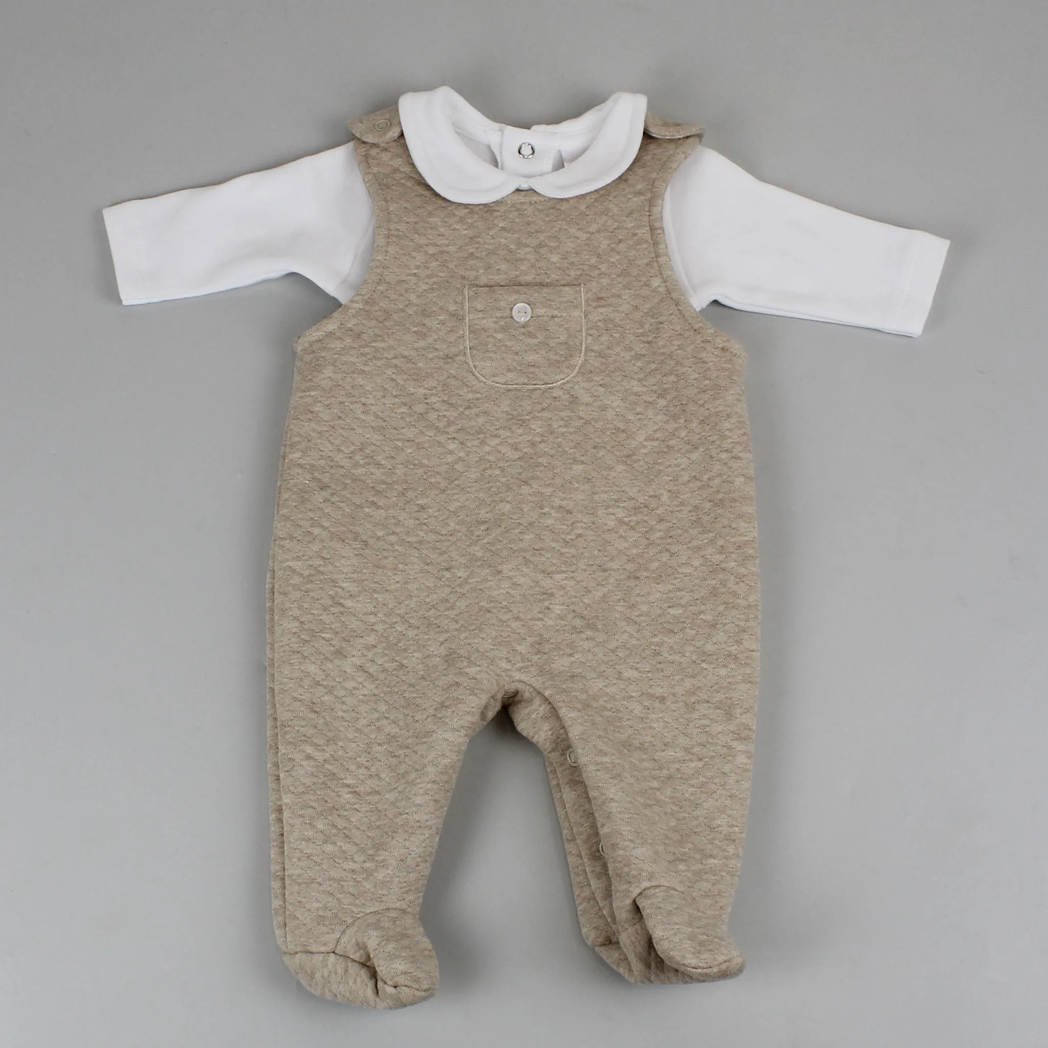 Baby Boys Beige Quilted Dungarees and Shirt - Pex Hugo