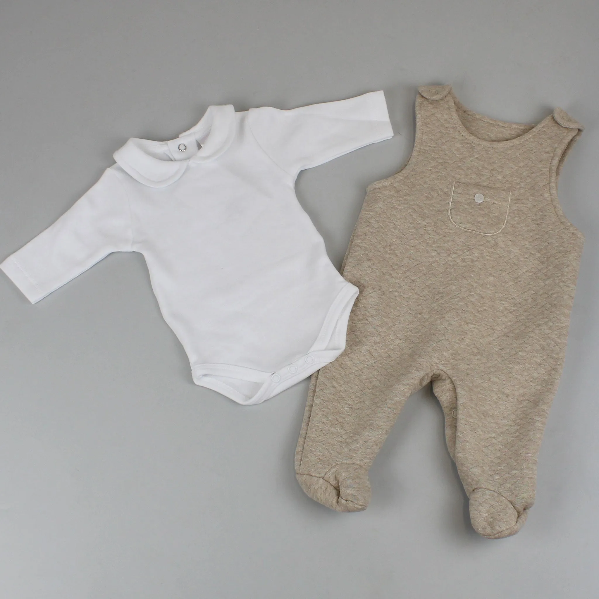 Baby Boys Beige Quilted Dungarees and Shirt - Pex Hugo