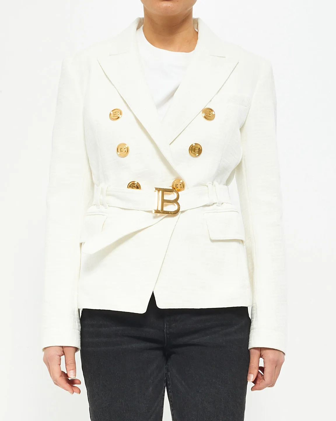Balmain White Logo Embossed 6 Button Belted Blazer - 42