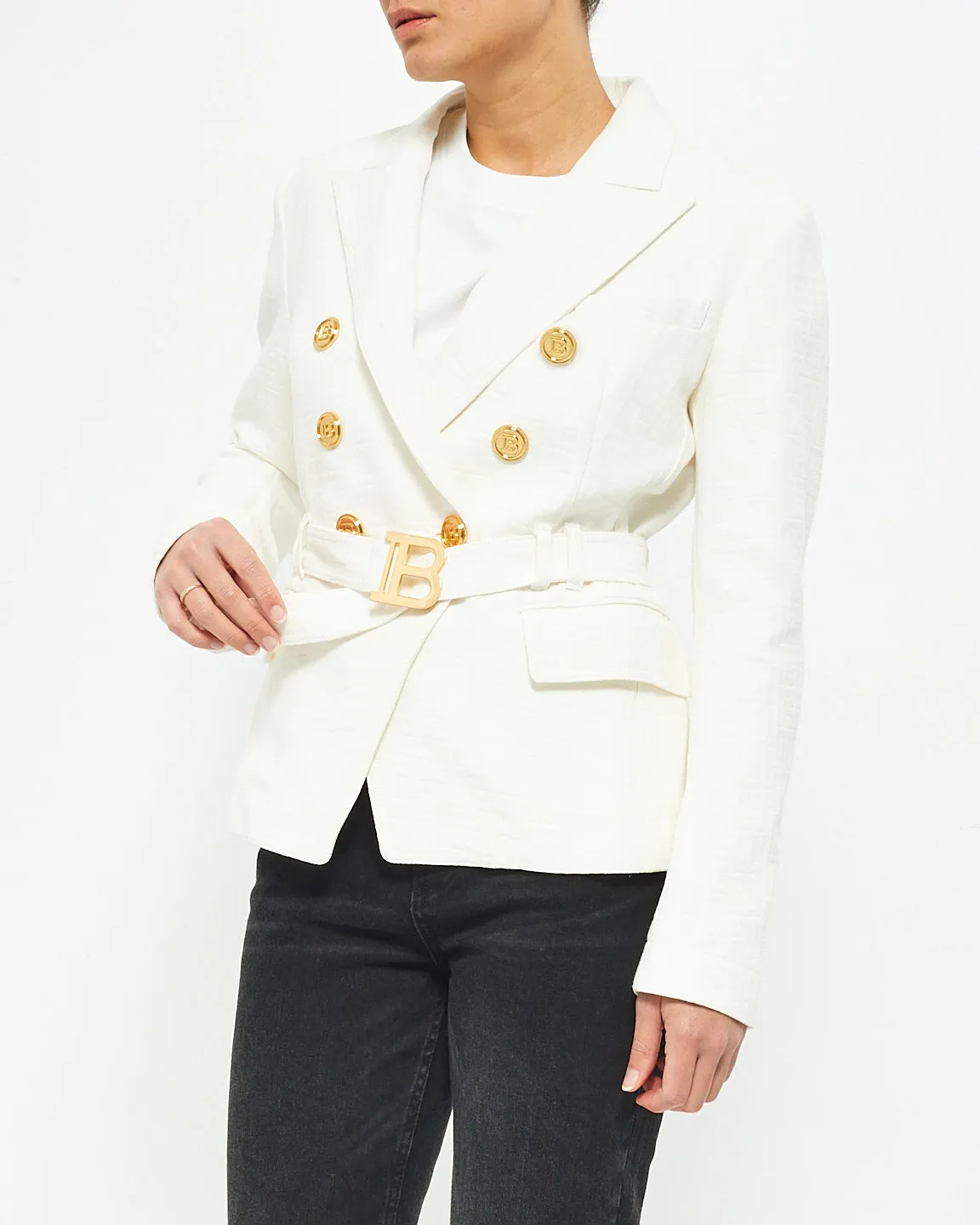 Balmain White Logo Embossed 6 Button Belted Blazer - 42