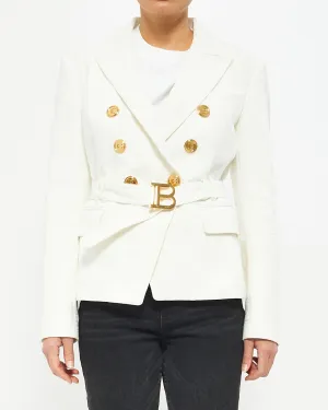 Balmain White Logo Embossed 6 Button Belted Blazer - 42