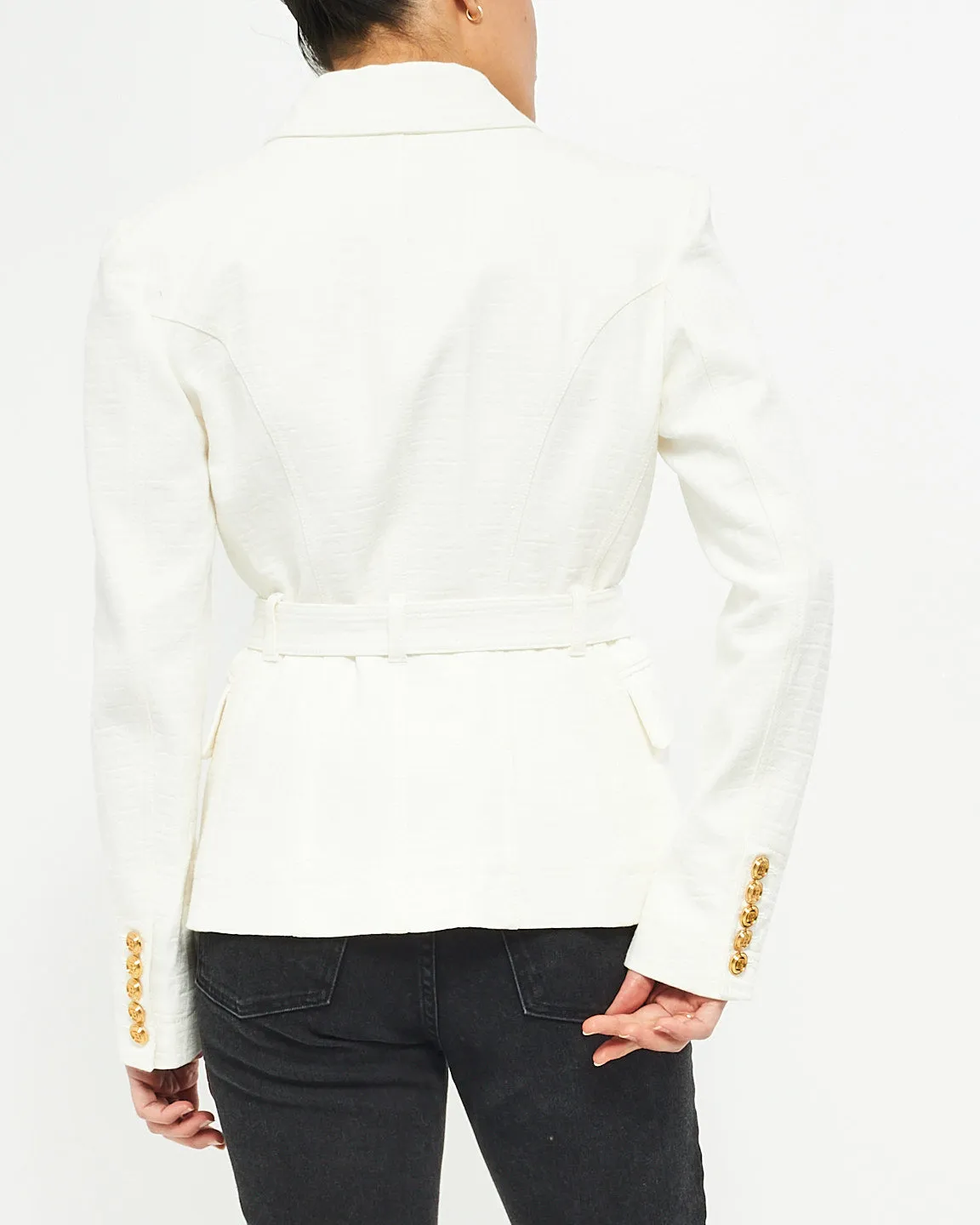 Balmain White Logo Embossed 6 Button Belted Blazer - 42