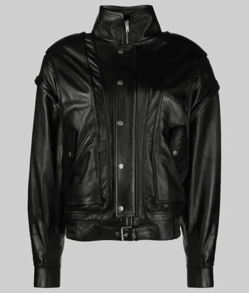Bella Hadid Detachable Black Leather Jacket