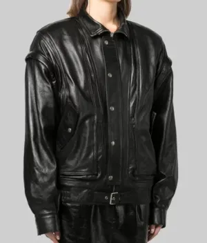Bella Hadid Detachable Black Leather Jacket