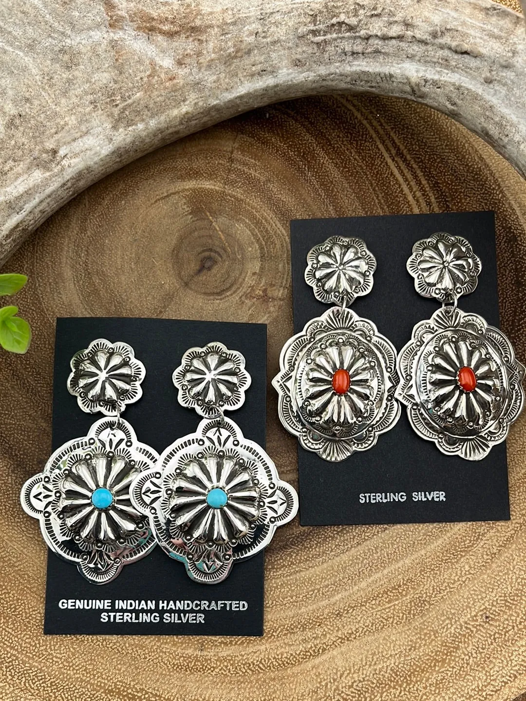 Bennie Double Scalloped Concho Earrings With Stone Accent