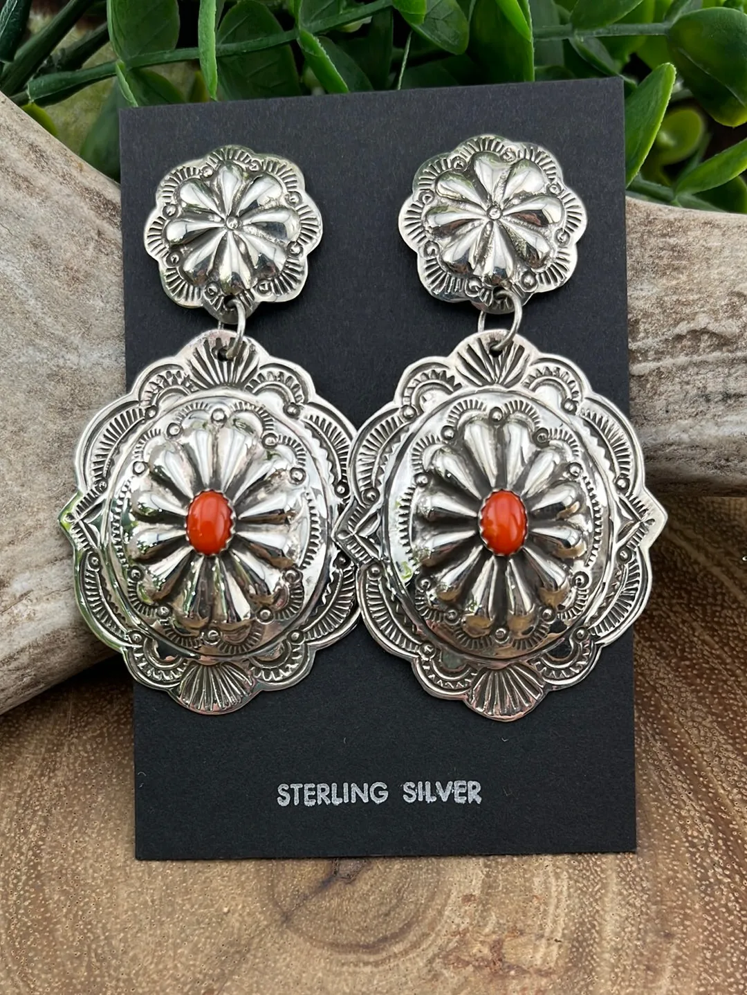 Bennie Double Scalloped Concho Earrings With Stone Accent
