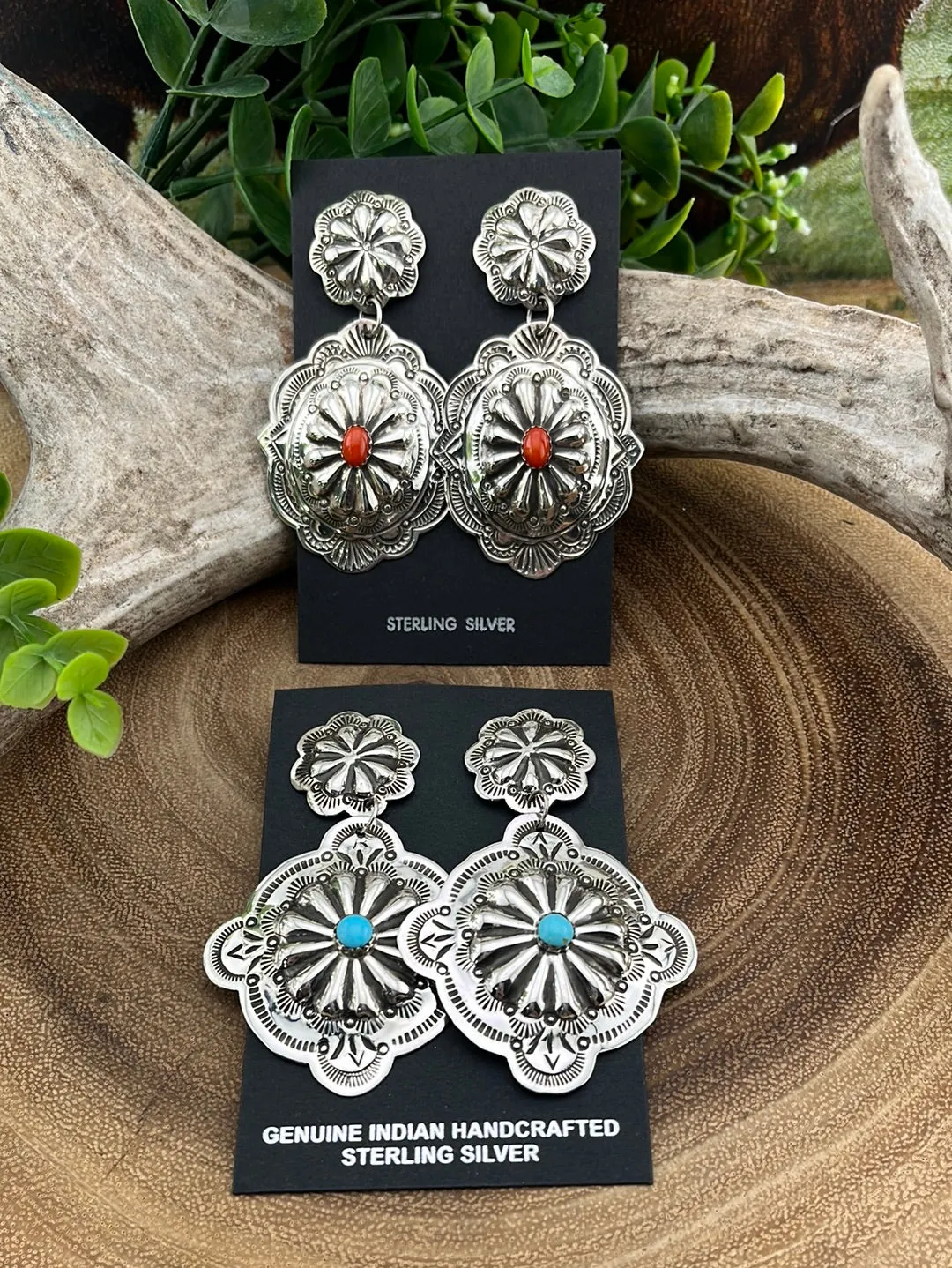 Bennie Double Scalloped Concho Earrings With Stone Accent