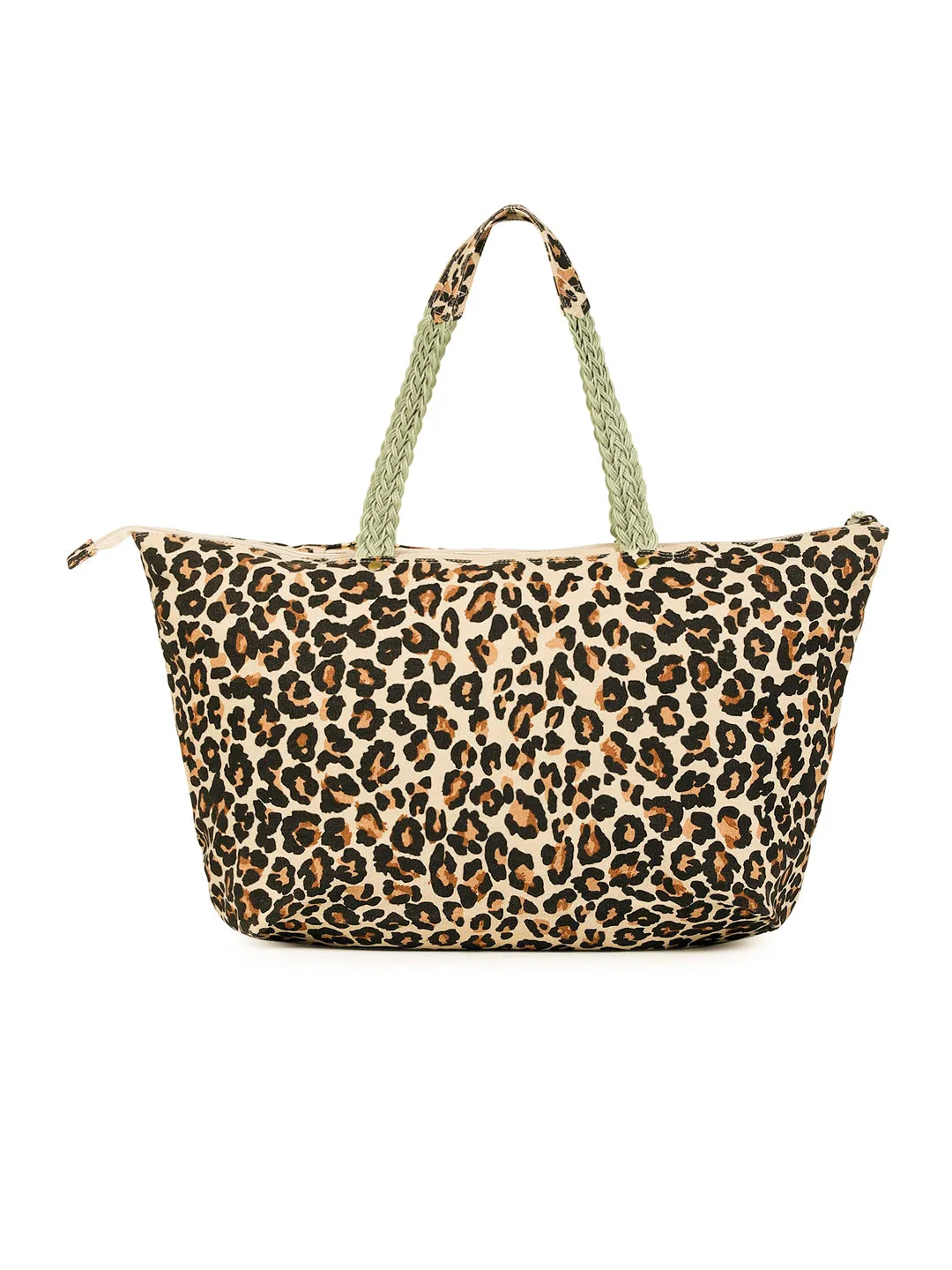 Berrylush Women Brown Leopard Printed Canvas Zipper-Up Oversized Tote Bag