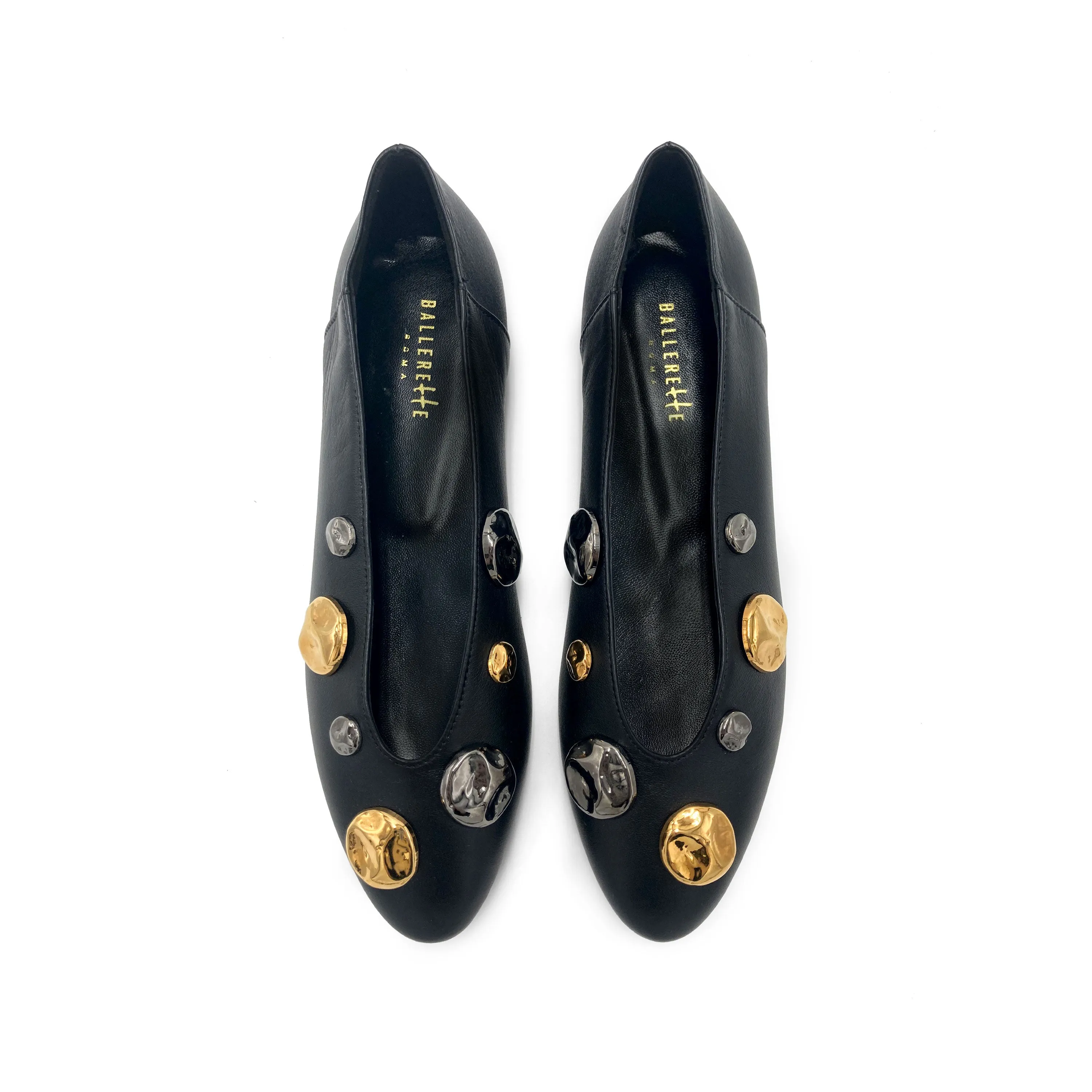 Black leather high shoe-vamp flats with gold and iron studs