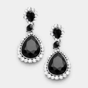 Black Pave Trim Crystal Teardrop Silver Evening Earrings