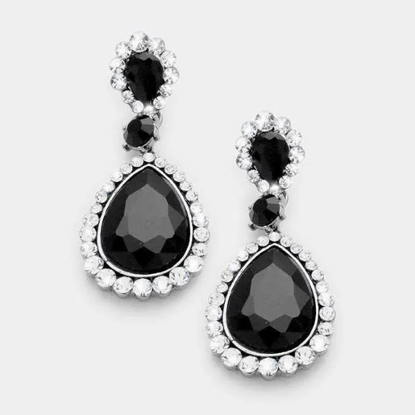 Black Pave Trim Crystal Teardrop Silver Evening Earrings