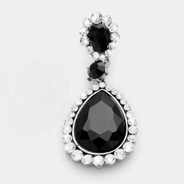 Black Pave Trim Crystal Teardrop Silver Evening Earrings