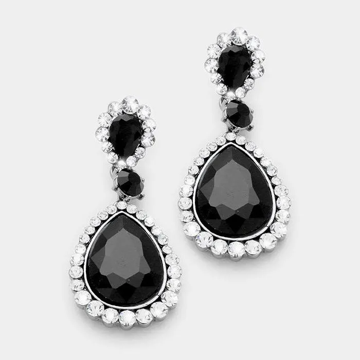 Black Pave Trim Crystal Teardrop Silver Evening Earrings
