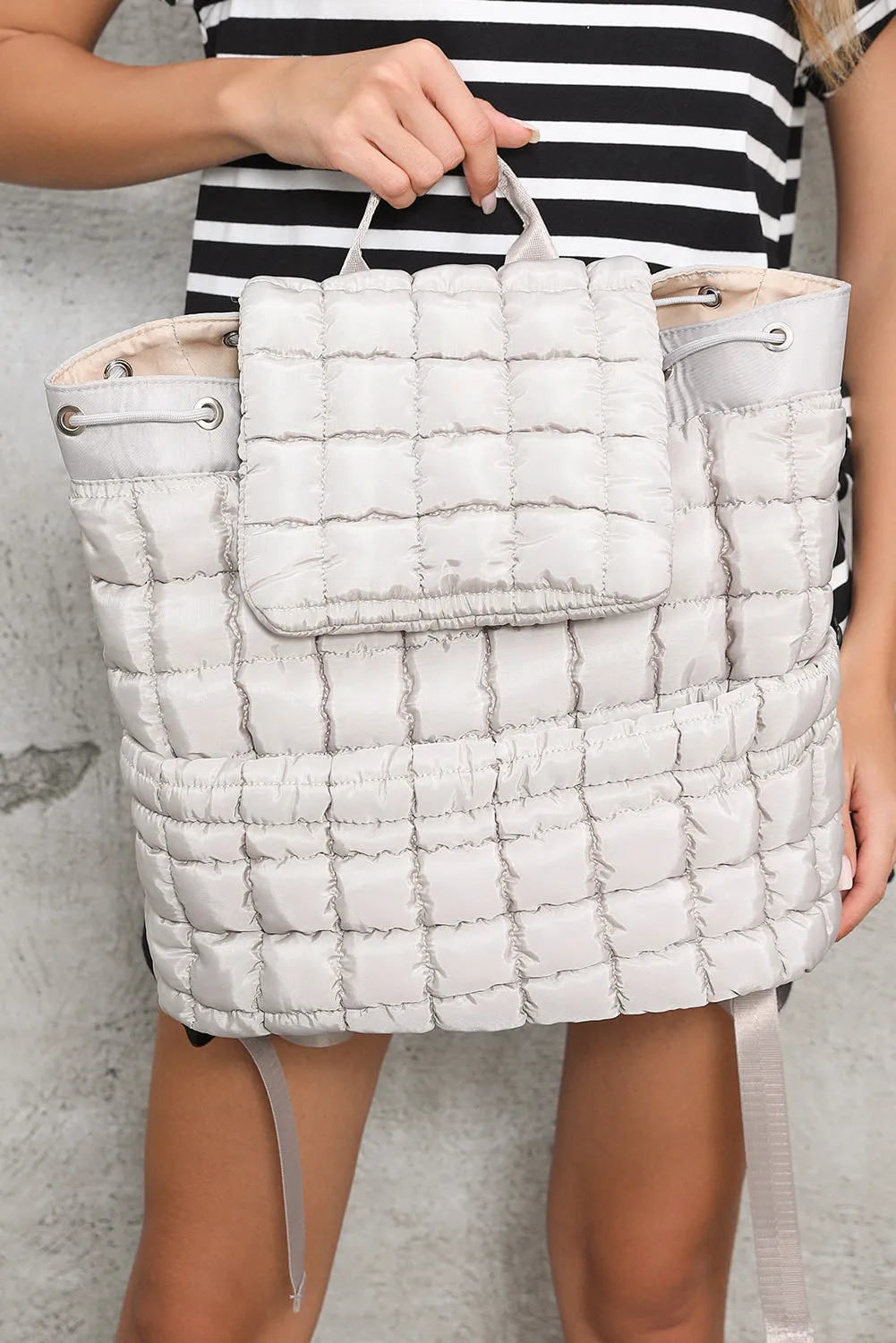 Black Solid Flapped Quilted Puffer Backpack