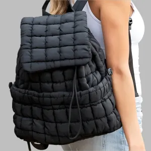 Black Solid Flapped Quilted Puffer Backpack