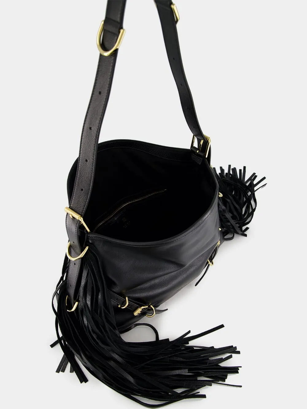 Black Voyou Medium Shoulder Bag with Fringes