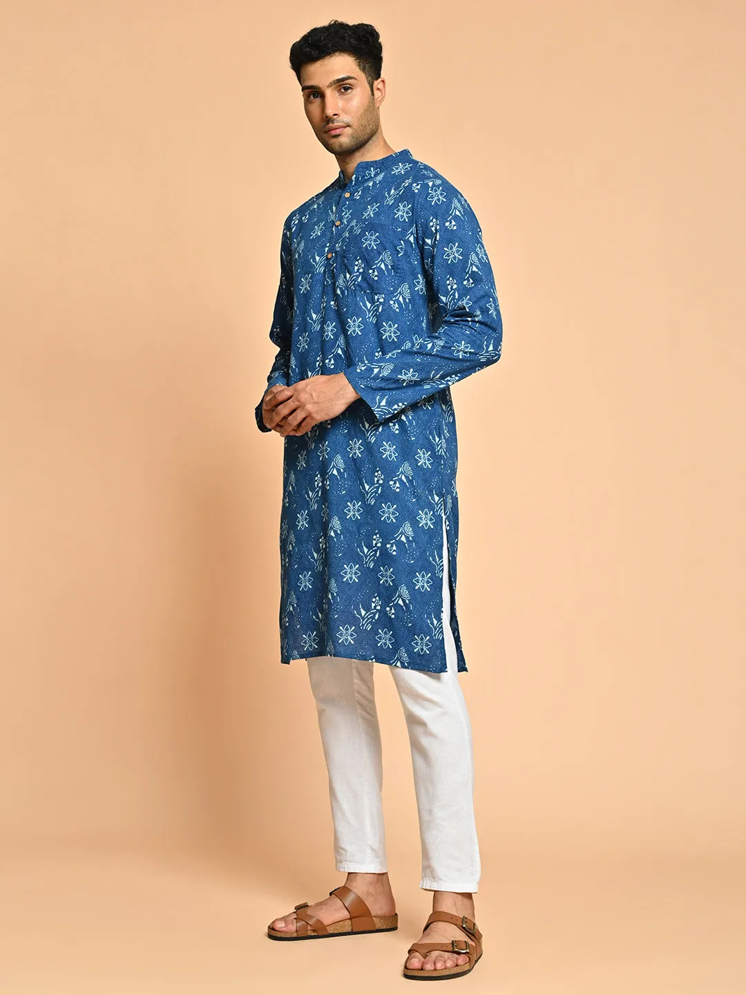 Blue Cotton Ethnic Block Printed Festive Short Kurta
