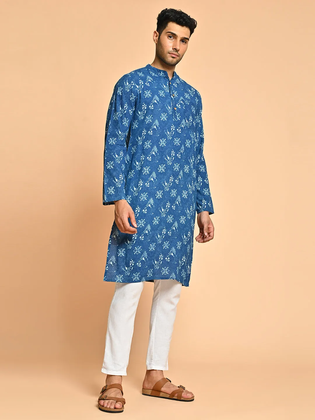 Blue Cotton Ethnic Block Printed Festive Short Kurta