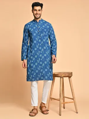 Blue Cotton Ethnic Block Printed Festive Short Kurta